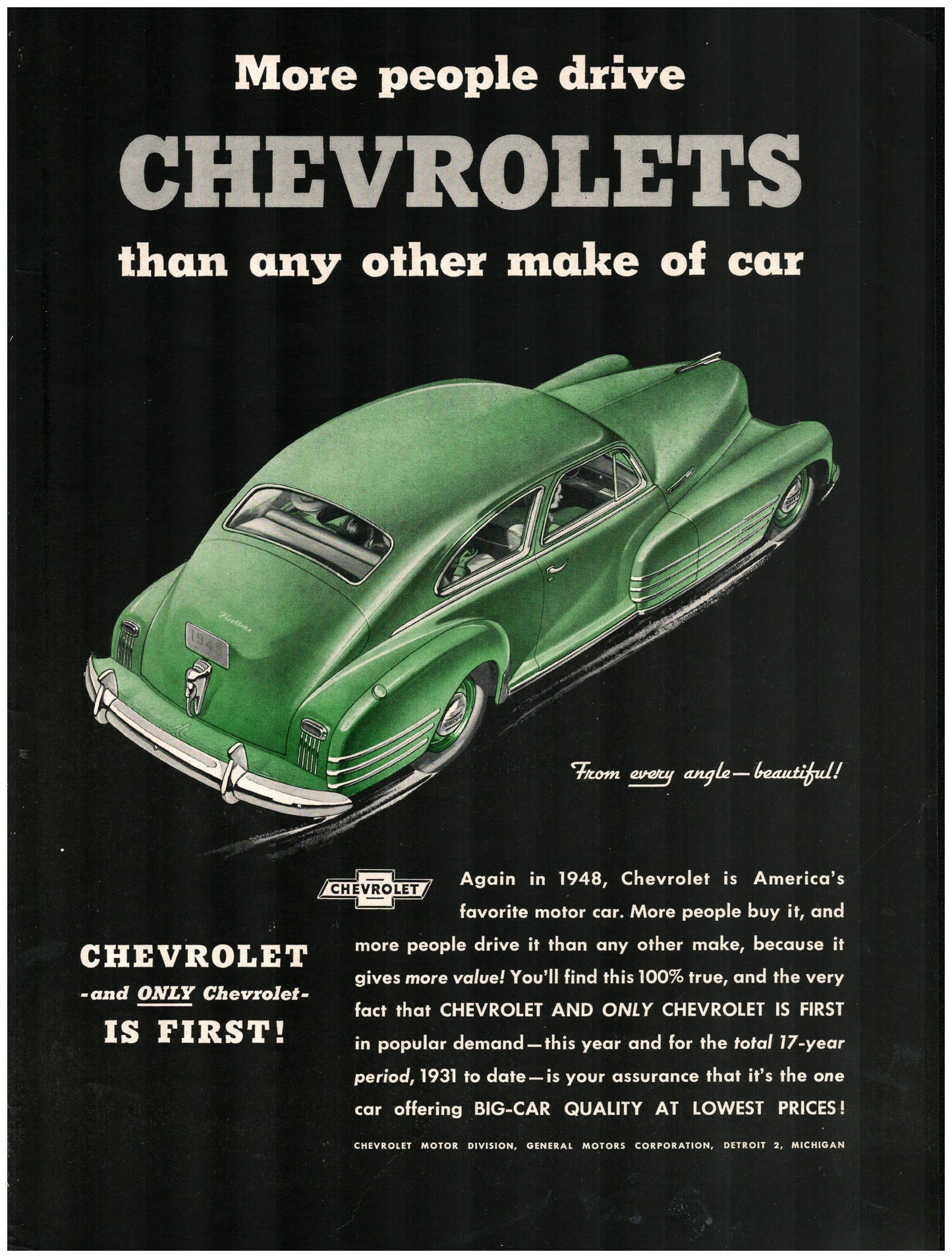 1948 Chevrolet Fleetline Green Original 13.5  10.5 Magazine Ad